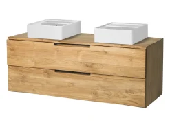 Móvel de casa de banho suspenso em teca clara com lavatório duplo - 115 cm - BIMBING