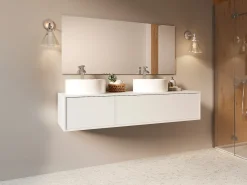 Móvel de casa de banho suspenso duplo lavatório redondo, cor branca, L150 x A32 cm, ISAURE