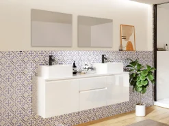 Móvel de casa de banho suspenso com lavatório duplo e espelhos - Branco - 150 cm - JIMENA