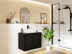Móvel de casa de banho suspenso estriado preto com lavatório de pousar, L80 cm, ZILGA