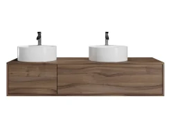 Móvel de casa de banho suspenso duplo lavatório redondo, natural escuro, L150 x H32 cm, ISAURE