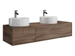 Móvel de casa de banho suspenso duplo lavatório redondo, natural escuro, L150 x H32 cm, ISAURE
