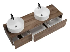 Móvel de casa de banho suspenso duplo lavatório redondo, natural escuro, L150 x H32 cm, ISAURE