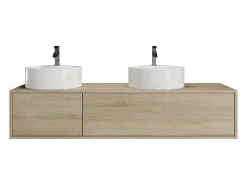 Móvel de casa de banho suspenso duplo lavatório redondo, natural claro, L150 x A32 cm, ISAURE