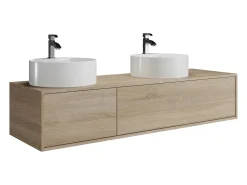 Móvel de casa de banho suspenso duplo lavatório redondo, natural claro, L150 x A32 cm, ISAURE