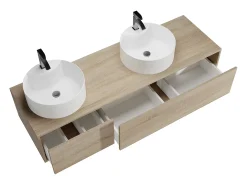 Móvel de casa de banho suspenso duplo lavatório redondo, natural claro, L150 x A32 cm, ISAURE