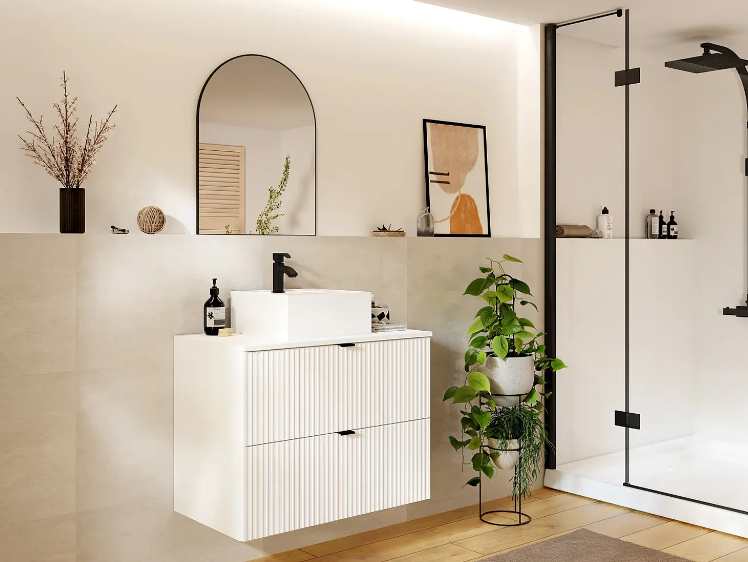 Móvel de casa de banho suspenso estriado com lavatório de pousar, branco, L80 cm, ZEVINI