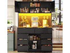Móvel de cozinha - 120x40x183 cm - 2 portas e 8 gavetas - suporte para copos de vinho - con iluminação LED e tomada - Preto