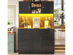 Móvel de cozinha - 120x40x183 cm - 2 portas e 8 gavetas - suporte para copos de vinho - con iluminação LED e tomada - Preto