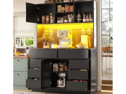 Móvel de cozinha - 120x40x183 cm - 2 portas e 8 gavetas - suporte para copos de vinho - con iluminação LED e tomada - Preto