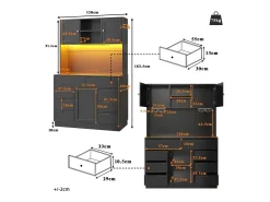 Móvel de cozinha - 120x40x183 cm - 2 portas e 8 gavetas - suporte para copos de vinho - con iluminação LED e tomada - Preto
