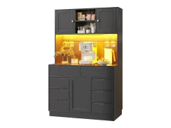 Móvel de cozinha - 120x40x183 cm - 2 portas e 8 gavetas - suporte para copos de vinho - con iluminação LED e tomada - Preto