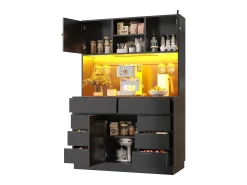 Móvel de cozinha - 120x40x183 cm - 2 portas e 8 gavetas - suporte para copos de vinho - con iluminação LED e tomada - Preto