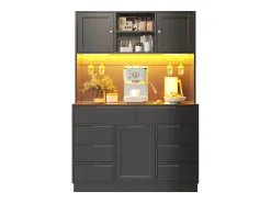 Móvel de cozinha - 120x40x183 cm - 2 portas e 8 gavetas - suporte para copos de vinho - con iluminação LED e tomada - Preto