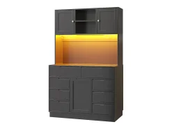 Móvel de cozinha - 120x40x183 cm - 2 portas e 8 gavetas - suporte para copos de vinho - con iluminação LED e tomada - Preto