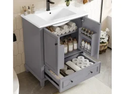 Móvel de lavatório simples de chão - 76 x 46 x 87 cm - com lavatório em cerâmica - com arrumação - Cerâmica + MDF - cinzento (Torneira não incluída)
