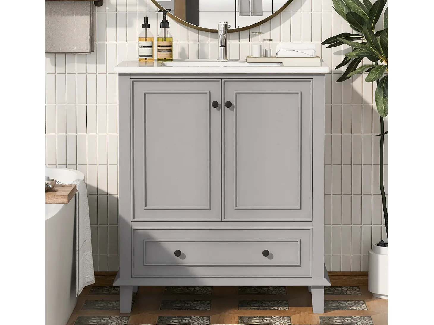 Móvel de lavatório simples de chão - 76 x 46 x 87 cm - com lavatório em cerâmica - com arrumação - Cerâmica + MDF - cinzento (Torneira não incluída)