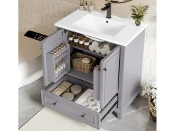 Móvel de lavatório simples de chão - 76 x 46 x 87 cm - com lavatório em cerâmica - com arrumação - Cerâmica + MDF - cinzento (Torneira não incluída)