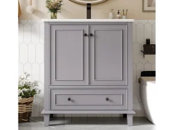 Móvel de lavatório simples de chão - 76 x 46 x 87 cm - com lavatório em cerâmica - com arrumação - Cerâmica + MDF - cinzento (Torneira não incluída)