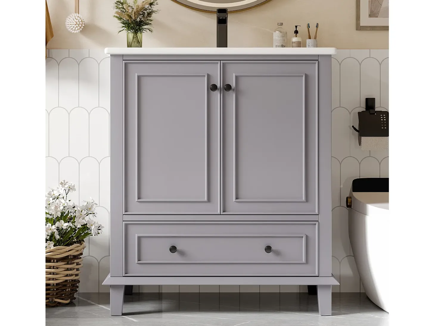 Móvel de lavatório simples de chão - 76 x 46 x 87 cm - com lavatório em cerâmica - com arrumação - Cerâmica + MDF - cinzento (Torneira não incluída)