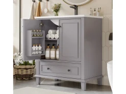 Móvel de lavatório simples de chão - 76 x 46 x 87 cm - com lavatório em cerâmica - com arrumação - Cerâmica + MDF - cinzento (Torneira não incluída)