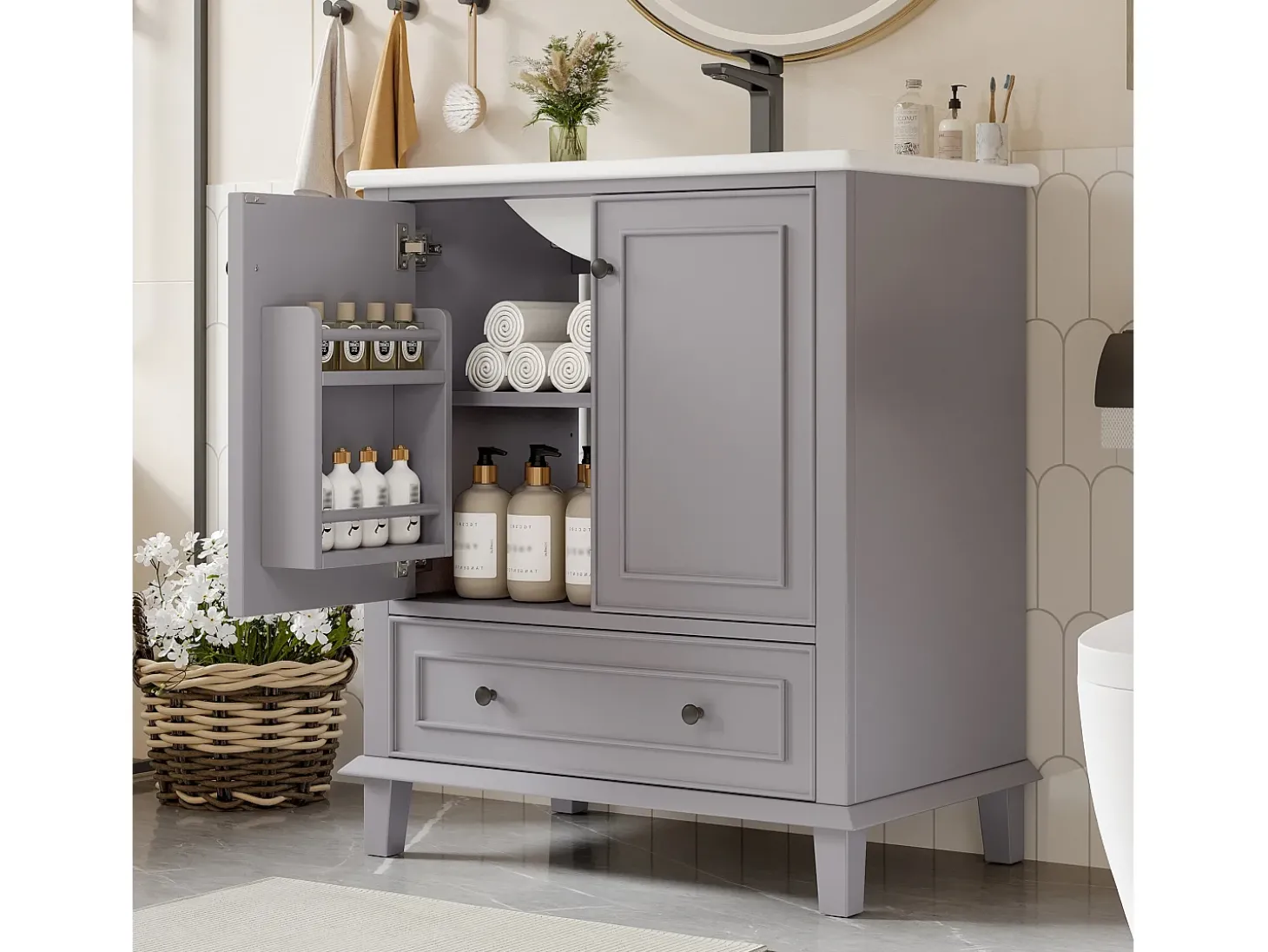 Móvel de lavatório simples de chão - 76 x 46 x 87 cm - com lavatório em cerâmica - com arrumação - Cerâmica + MDF - cinzento (Torneira não incluída)