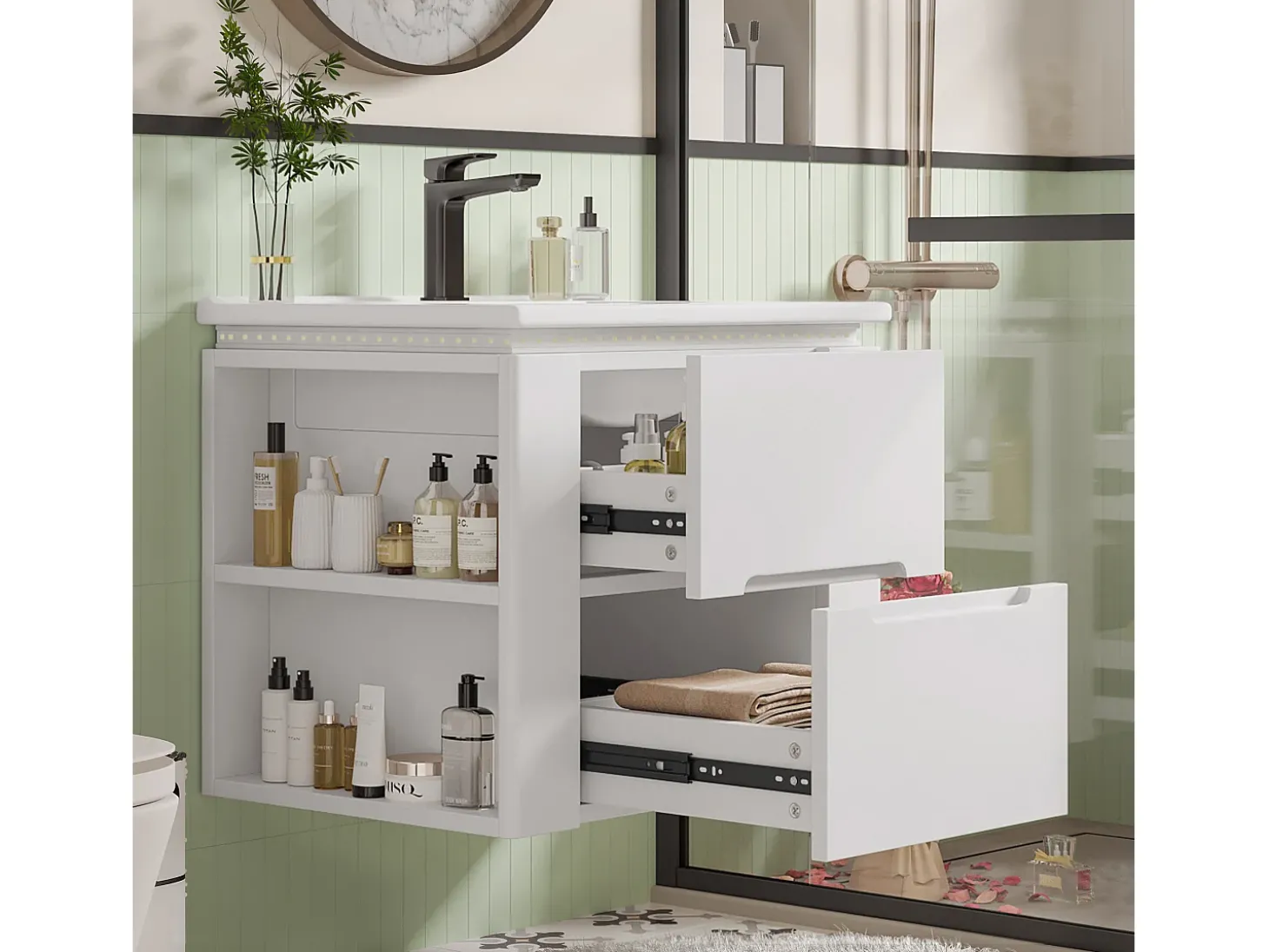 Móvel de lavatório suspenso simples - 60 x 46 x 48,5 cm - com LEDs + 2 gavetas - lavatório integrado - Cerâmica + MDF - branco (Torneira não incluída)