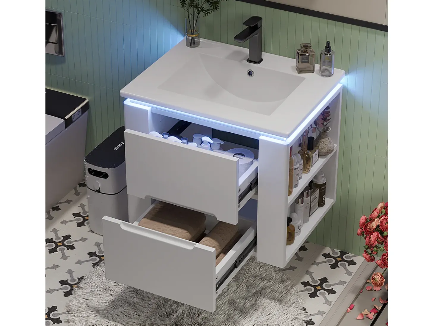 Móvel de lavatório suspenso simples - 60 x 46 x 48,5 cm - com LEDs + 2 gavetas - lavatório integrado - Cerâmica + MDF - branco (Torneira não incluída)