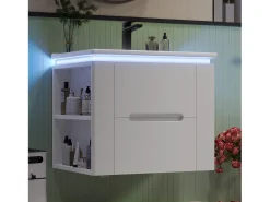 Móvel de lavatório suspenso simples - 60 x 46 x 48,5 cm - com LEDs + 2 gavetas - lavatório integrado - Cerâmica + MDF - branco (Torneira não incluída)