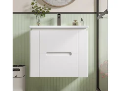 Móvel de lavatório suspenso simples - 60 x 46 x 48,5 cm - com LEDs + 2 gavetas - lavatório integrado - Cerâmica + MDF - branco (Torneira não incluída)