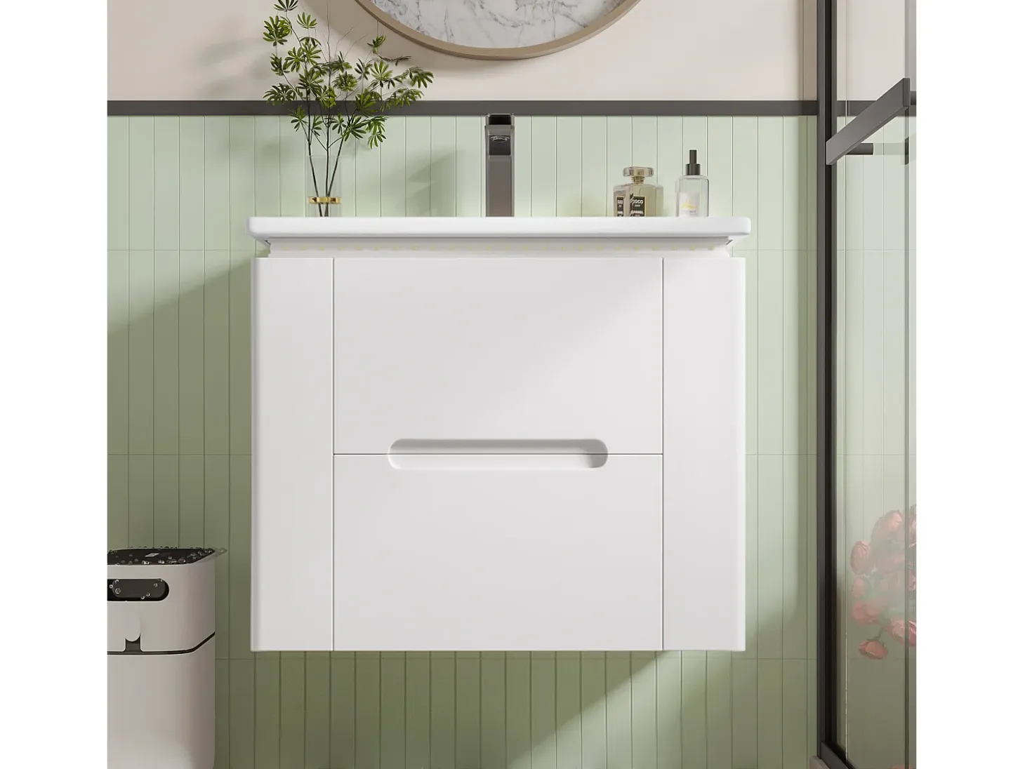 Móvel de lavatório suspenso simples - 60 x 46 x 48,5 cm - com LEDs + 2 gavetas - lavatório integrado - Cerâmica + MDF - branco (Torneira não incluída)