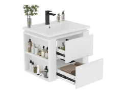 Móvel de lavatório suspenso simples - 60 x 46 x 48,5 cm - com LEDs + 2 gavetas - lavatório integrado - Cerâmica + MDF - branco (Torneira não incluída)