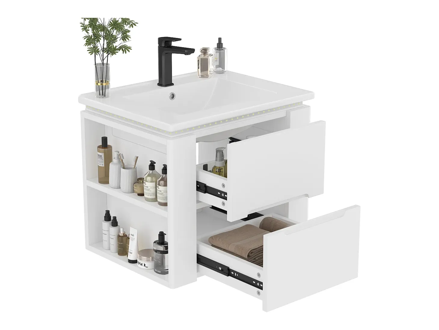 Móvel de lavatório suspenso simples - 60 x 46 x 48,5 cm - com LEDs + 2 gavetas - lavatório integrado - Cerâmica + MDF - branco (Torneira não incluída)
