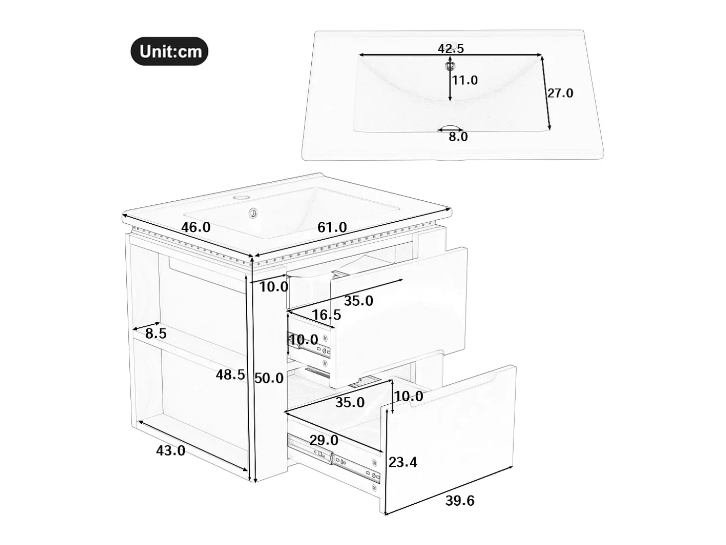 Móvel de lavatório suspenso simples - 60 x 46 x 48,5 cm - com LEDs + 2 gavetas - lavatório integrado - Cerâmica + MDF - branco (Torneira não incluída)