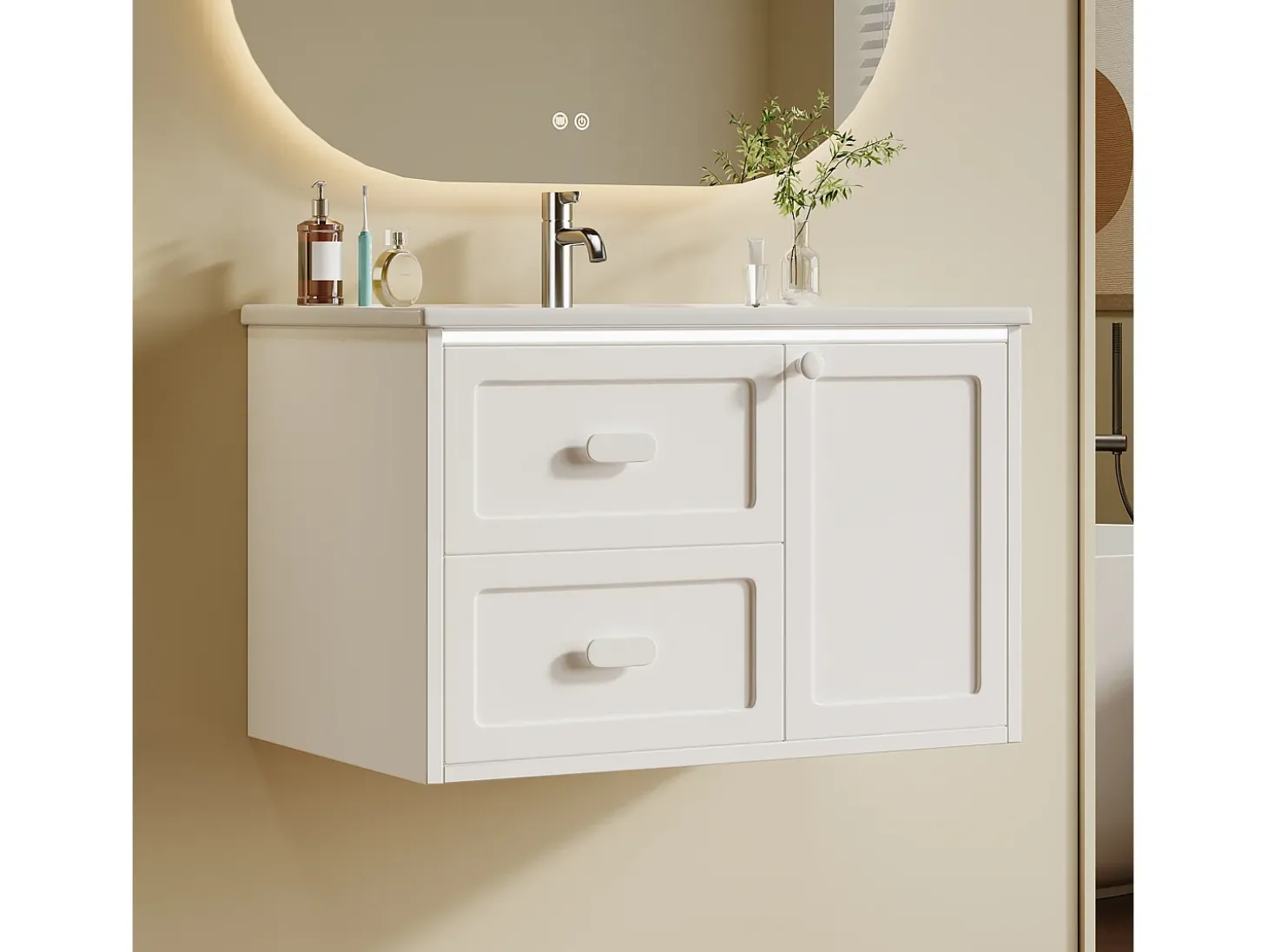 Móvel de lavatório suspenso com cuba única em cerâmica - 76 x 46 x 51 cm - acabamento lacado - com LEDs + 2 gavetas + porta - cerâmica + MDF - branco