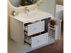 Móvel de lavatório suspenso com cuba única em cerâmica - 76 x 46 x 51 cm - acabamento lacado - com LEDs + 2 gavetas + porta - cerâmica + MDF - branco