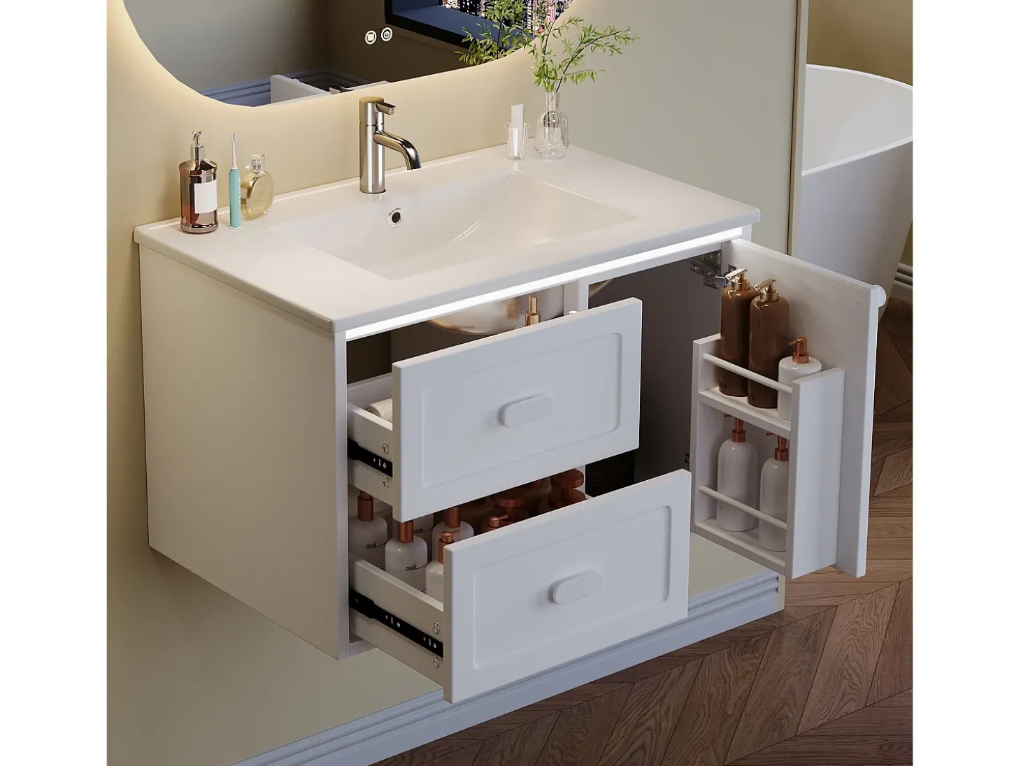 Móvel de lavatório suspenso com cuba única em cerâmica - 76 x 46 x 51 cm - acabamento lacado - com LEDs + 2 gavetas + porta - cerâmica + MDF - branco