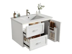 Móvel de lavatório suspenso com cuba única em cerâmica - 76 x 46 x 51 cm - acabamento lacado - com LEDs + 2 gavetas + porta - cerâmica + MDF - branco