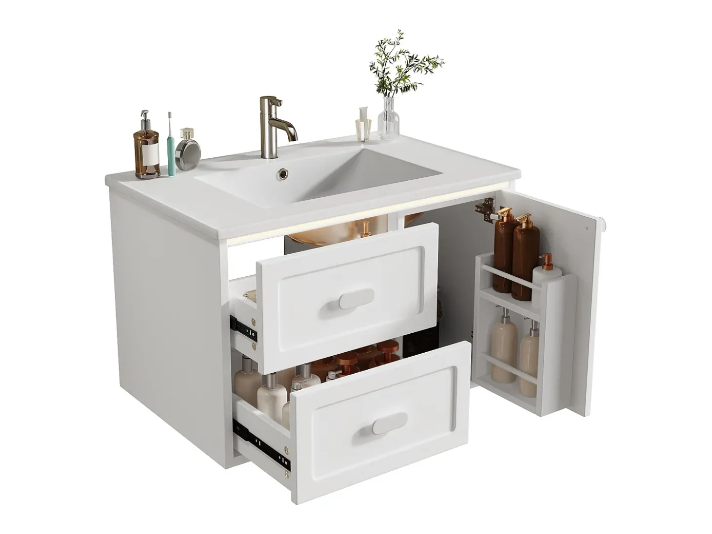 Móvel de lavatório suspenso com cuba única em cerâmica - 76 x 46 x 51 cm - acabamento lacado - com LEDs + 2 gavetas + porta - cerâmica + MDF - branco
