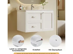 Móvel de lavatório suspenso com cuba única em cerâmica - 76 x 46 x 51 cm - acabamento lacado - com LEDs + 2 gavetas + porta - cerâmica + MDF - branco