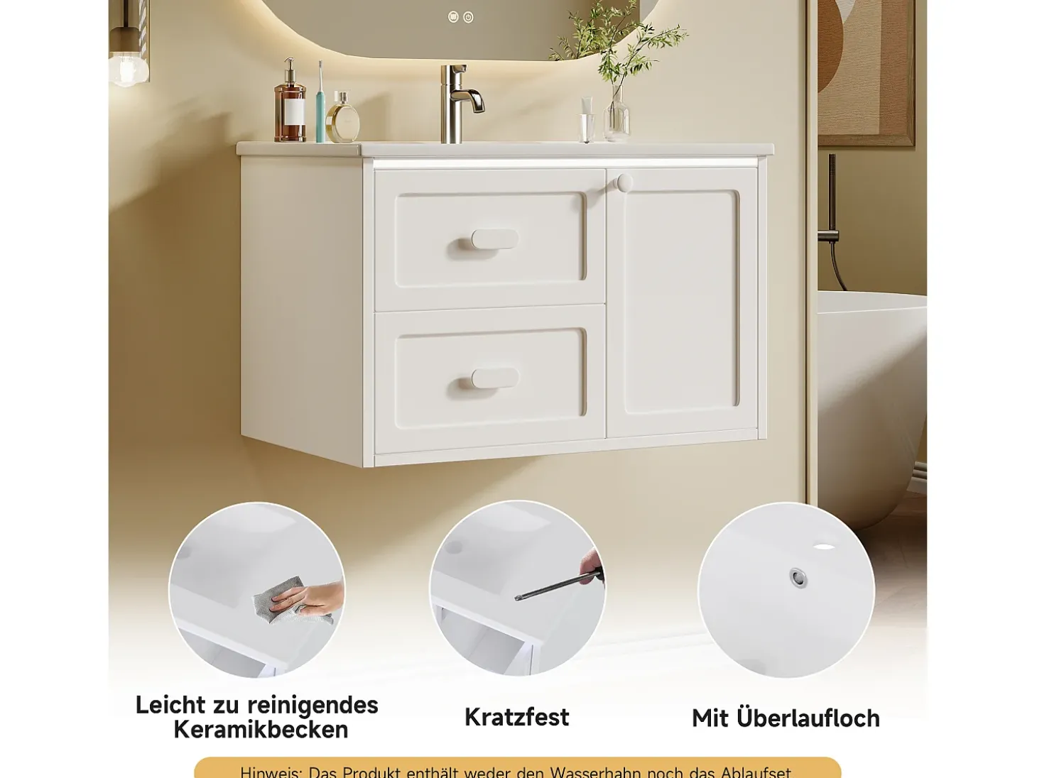 Móvel de lavatório suspenso com cuba única em cerâmica - 76 x 46 x 51 cm - acabamento lacado - com LEDs + 2 gavetas + porta - cerâmica + MDF - branco