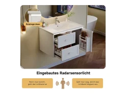 Móvel de lavatório suspenso com cuba única em cerâmica - 76 x 46 x 51 cm - acabamento lacado - com LEDs + 2 gavetas + porta - cerâmica + MDF - branco