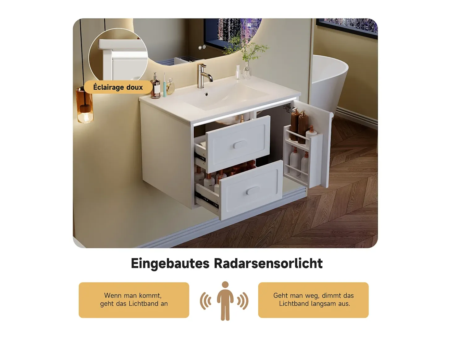 Móvel de lavatório suspenso com cuba única em cerâmica - 76 x 46 x 51 cm - acabamento lacado - com LEDs + 2 gavetas + porta - cerâmica + MDF - branco