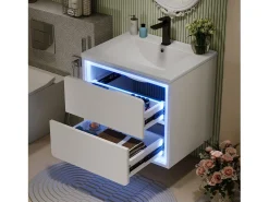 Móvel de lavatório suspenso simples - 60 x 46 x 50 cm - com LEDs + 2 gavetas - lavatório integrado - Cerâmica + MDF - branco (Torneira não incluída)