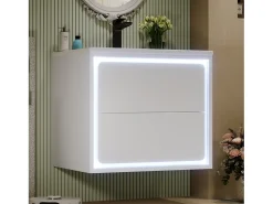 Móvel de lavatório suspenso simples - 60 x 46 x 50 cm - com LEDs + 2 gavetas - lavatório integrado - Cerâmica + MDF - branco (Torneira não incluída)