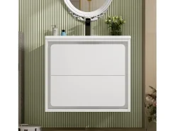 Móvel de lavatório suspenso simples - 60 x 46 x 50 cm - com LEDs + 2 gavetas - lavatório integrado - Cerâmica + MDF - branco (Torneira não incluída)
