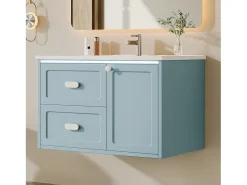 Móvel de lavatório suspenso com cuba única em cerâmica - 76 x 46 x 51 cm - acabamento lacado - com LEDs + 2 gavetas + porta - cerâmica + MDF - azul