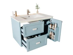 Móvel de lavatório suspenso com cuba única em cerâmica - 76 x 46 x 51 cm - acabamento lacado - com LEDs + 2 gavetas + porta - cerâmica + MDF - azul