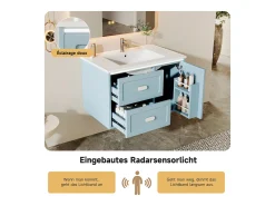 Móvel de lavatório suspenso com cuba única em cerâmica - 76 x 46 x 51 cm - acabamento lacado - com LEDs + 2 gavetas + porta - cerâmica + MDF - azul
