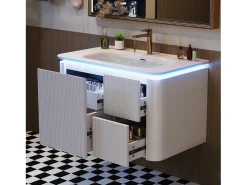Móvel de lavatório suspenso com cuba única em cerâmica - 80,5 x 47 x 51 cm - acabamento lacado - com LEDs + 3 gavetas - cerâmica + MDF - branco